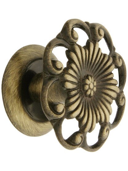 Cast Brass Ornate Cabinet Knob - 1 3/8 inch Diameter in Antique Brass.